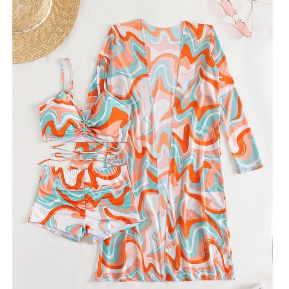 Retro 3 Pcs Set Orange Blue White Psychedelic Bikini & Coverup - Picture 3 of 15